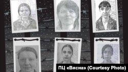 Міліцэйскія фота былых палітзьняволеных (зьлева направа): Яна Арабейка, Алена Дзядзюля, Кася Будзько, Вольга Дубовік, Анастасія Булыбенка, Алана Гебрэмарыям. Каляж