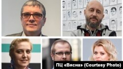 Зьлева направа: Яўген Вільскі, Вадзім Дзьмітранок, Вольга Карач, Анатоль Котаў, Вераніка Цапкала. Каляж ПЦ «Вясна»