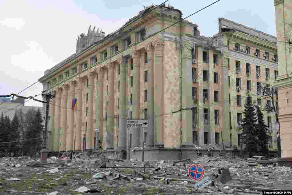 UKRAINE - This general view shows the damaged local city hall of Kharkiv destroyed as a result of Russian troop shelling on March 1, 2022