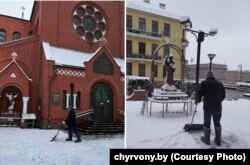 Настаяцель Чырвонага касьцёла ксёндз Уладзіслаў Завальнюк чысьціць сьнег каля закрытага храма