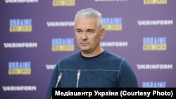 Валер Кавалеўскі падчас прэс-брыфінгу ў Кіеве 18 кастрычніка 2022