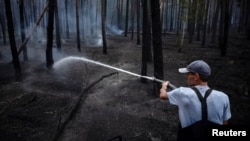 Пажарнік тушыць рэшткі пажару ў лесе каля Яравой у нацыянальным прыродным парку «Сьвятыя горы» ў ліпені