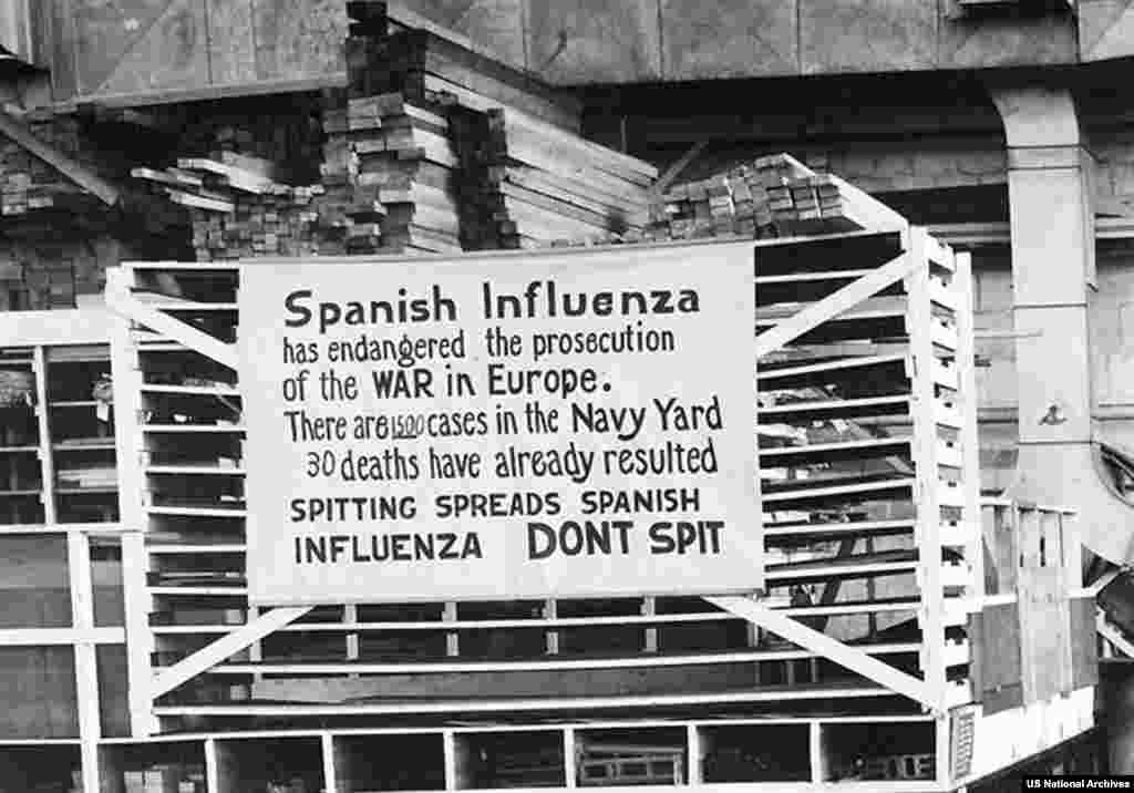 &laquo;Не пляваць&raquo; &ndash; знак у порце амэрыканскага флёту ў 1918 годзе. Вірус атрымаў назву &laquo;гішпанскі грып&raquo; абсалютна незаслужана. Проста большасьць эўрапейскіх краін удзельнічалі ў вайне, і ўся інфармацыя з фронту падвяргалася жорсткай цэнзуры. Гішпанія ж заставалася нэўтральнай, прэса бесьперашкодна паведамляла пра тое, што адбываецца. І першая інфармацыя пра сьмяротную хваробу зьявілася менавіта там.&nbsp;