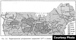 Мапа з кнігі «Глябальныя выпадзеньні цэзія-137 і чалавек», 1974