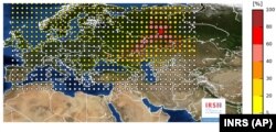 Ілюстрацыя распаўсюду рутэнію-106 над Эўропай, які зафіксавалі францускія навукоўцы