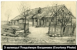 Сялянская хата ў вёсцы Грэйці (ужо не існуе) на Пастаўшчыне. Мастак G. Fraude, батальён ляндштурму з Аленштайну. Паштоўка адпраўлена ў Нямеччыну ў канцы 1916 году